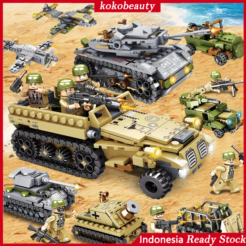 【Penjual Lokal】1000PCS+ Mainan Bricks Tentara Blok Bangunan Mobil Militer Truk Pesawat Model Senjata Bata Set Konstruksi Mainan Anak Laki Laki Tank Serikat Besi dan Baja