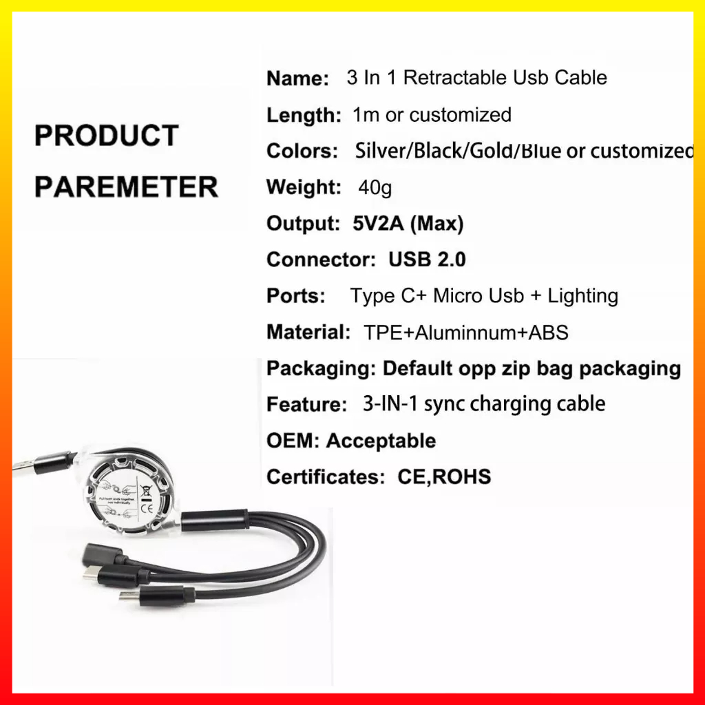 Kabel Pengisi Daya USB 3.0 Fleksibel Dapat Ditarik Untuk Mikro Tipe C IPhone / Lightning EXMI XY-D014 - 7CUA0OBK