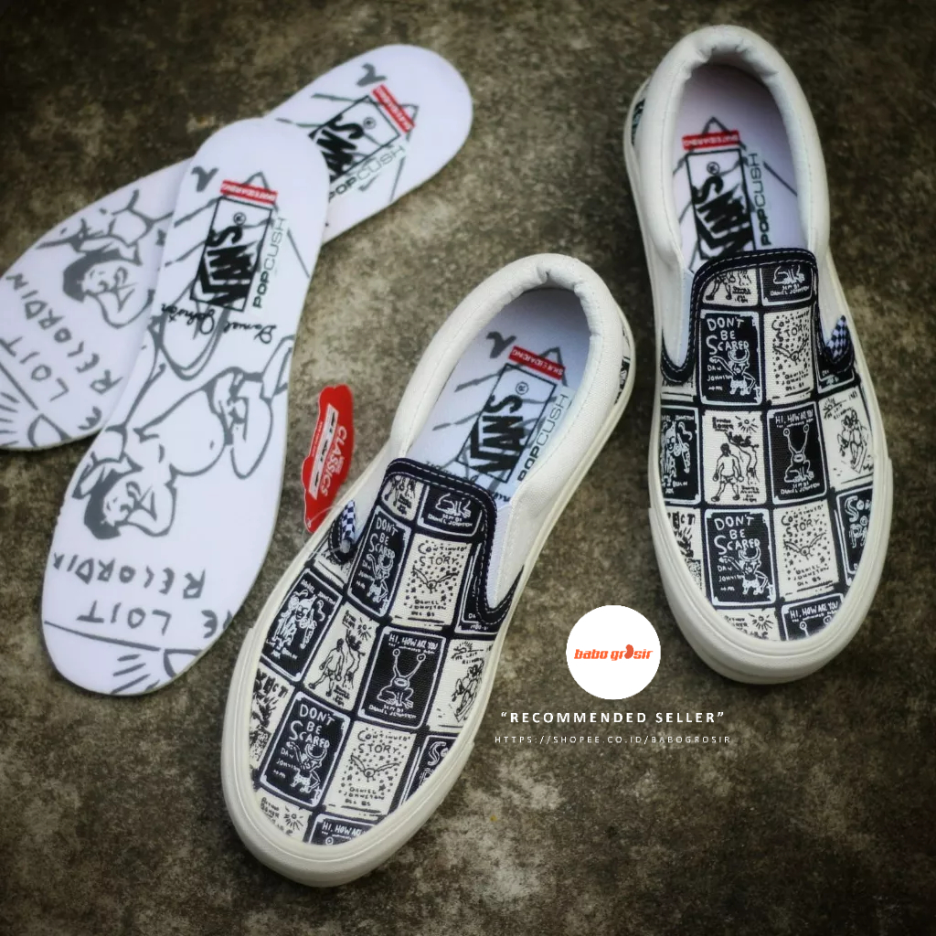 PROMO Sepatu Slip On Pria Wanita | Vans Slip On Daniel Johnston Premium Import Quality Include Box, Upper Kanvas, Waffle DT Anti Slip, Tag Made in China, Harga Termurah