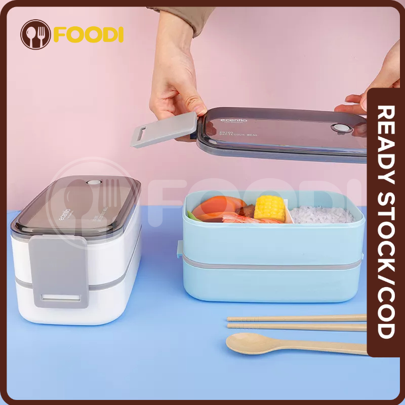 ecentio &amp; FOODI lunch box Set 2 susun/single 800ml/1600ml/BPA Free/free sendok/kotak Bekal makan Tepak Bento Box Tempat makan anti tumpah kapasitas besar