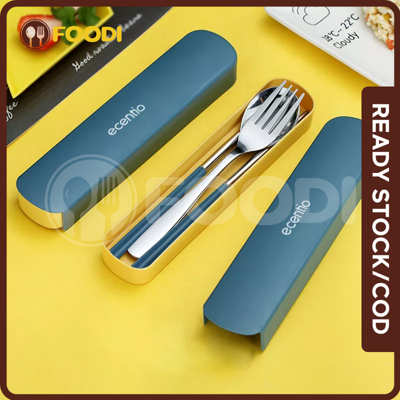 ecentio &amp; FOODI 3pcs Sendok Makan/Stainless Steel Sumpit Sendok Grapu Dengan Kotak Penyimpanan ST3E-8701