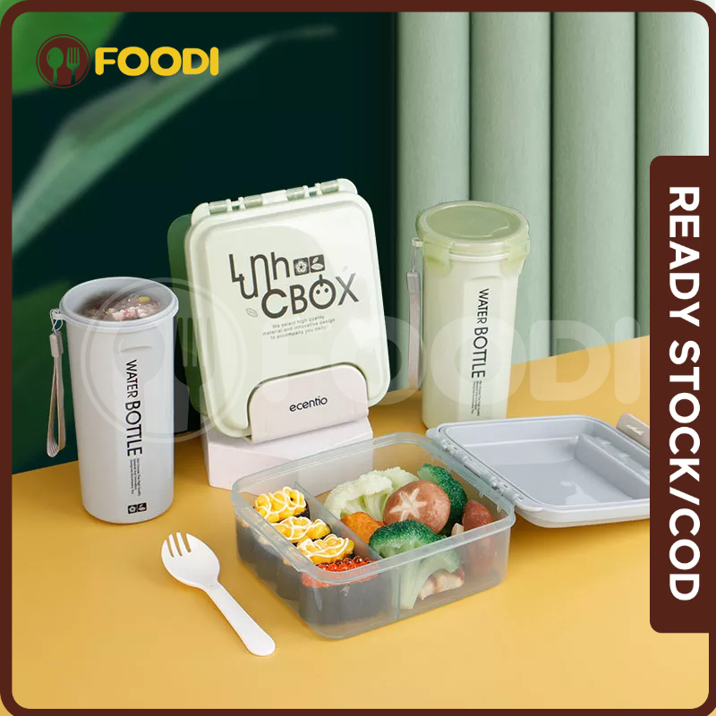 ecentio &amp; FOODI 2 Sekat Grid 1000ml Kotak Makan Set anak Lunch box 500ml botol/Lunch Box Set 2 Grid Kotak Bekal Makan Botol Minum Free Sendok Tempat Makanan anak kecil BPA free