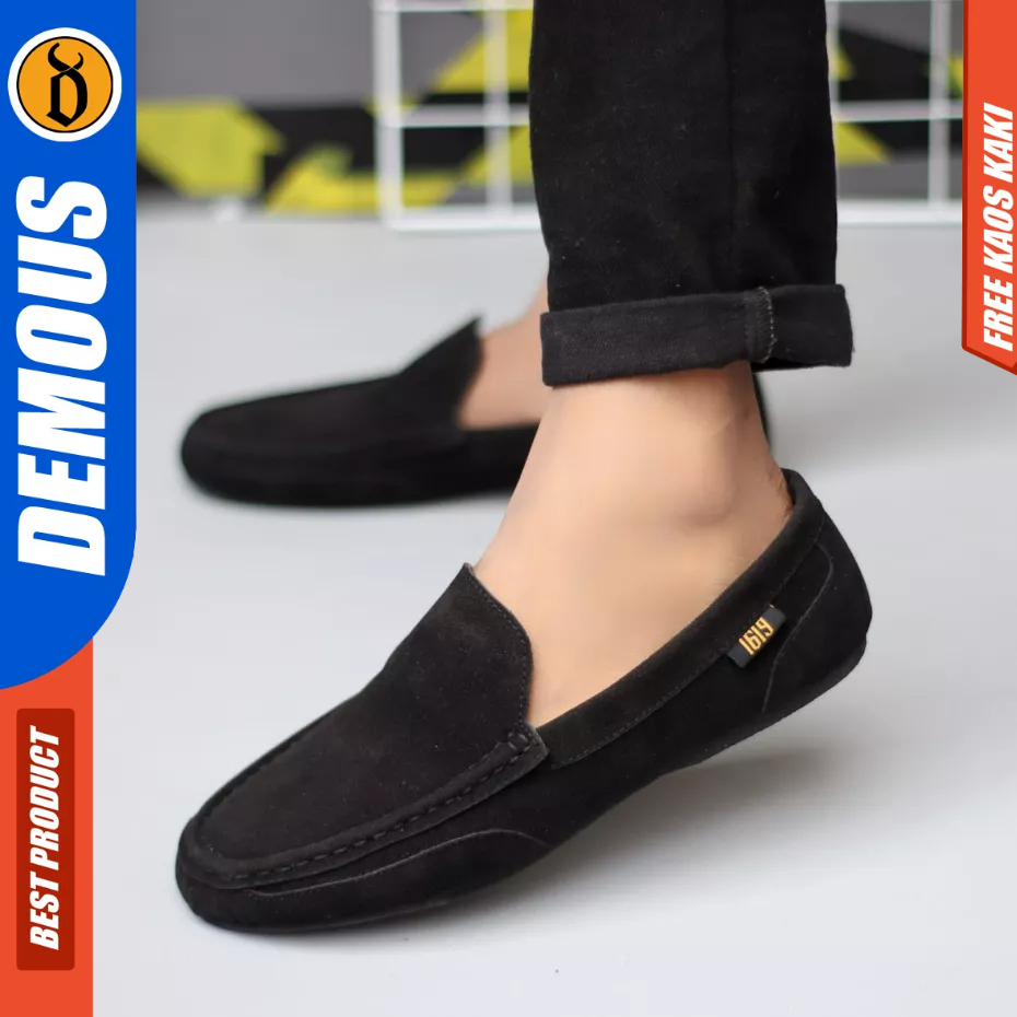 DEMOUS Modmaz - Sepatu Slip-on Casual Hitam Kulit Suede Kerja Pria