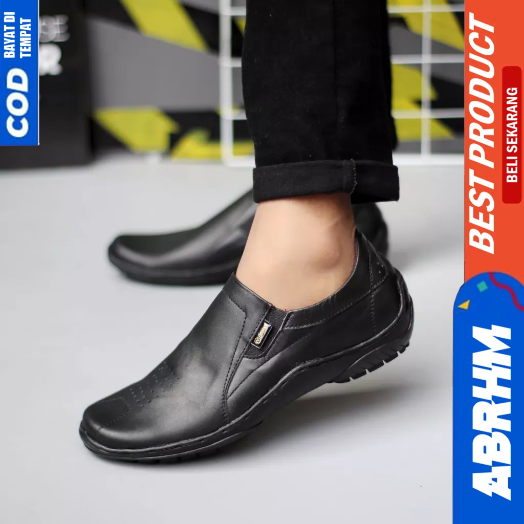 ABRHM Casual Formal Slop Kulit Asli Pantofel Hitam Kerja Pria