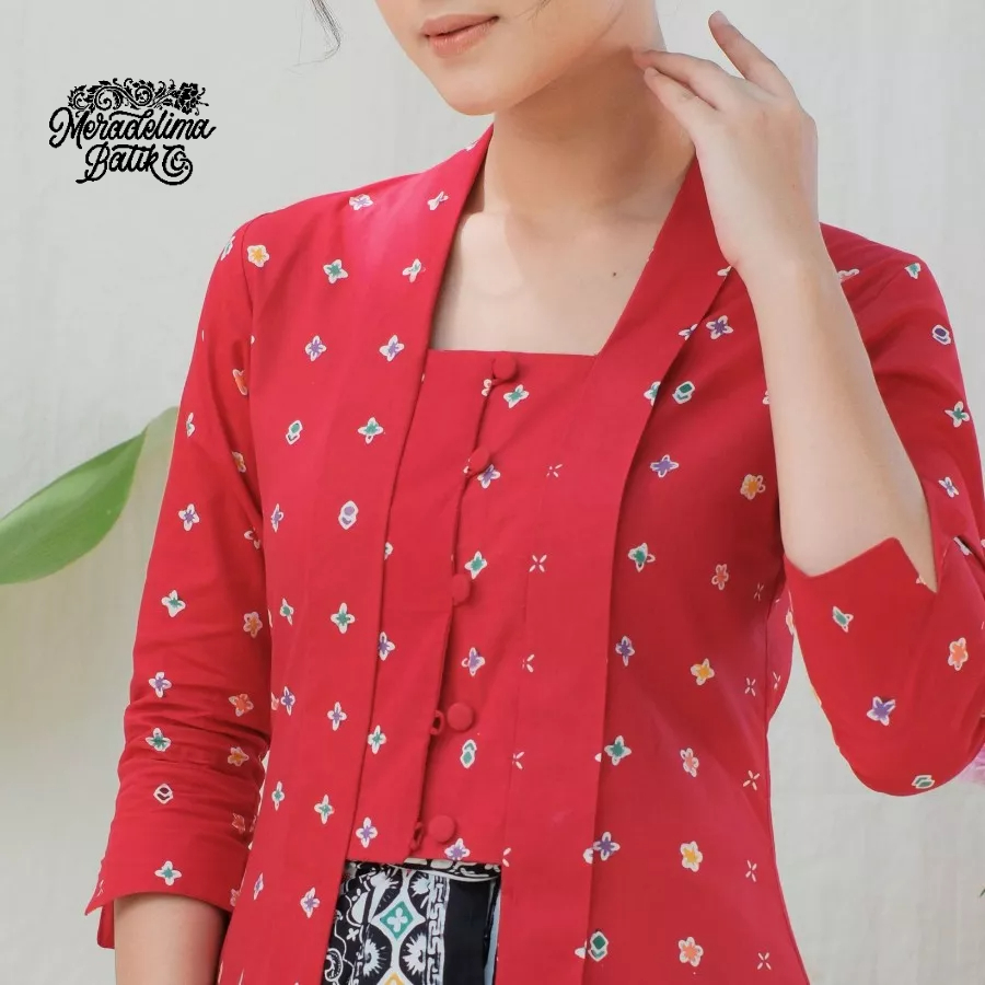 Kebaya Kutubaru Etnik Jasmine Lengan 7/8 Meradelima Katun Merah