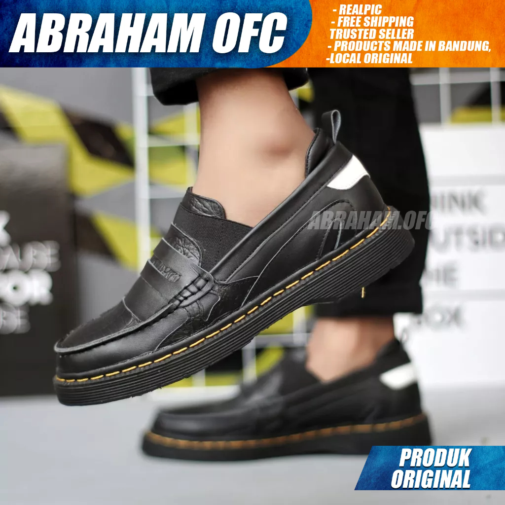 ABRAHAM Sepatu Loafers Docmart Casual Kulit Asli Formal Pantofel Hitam Kerja Pria