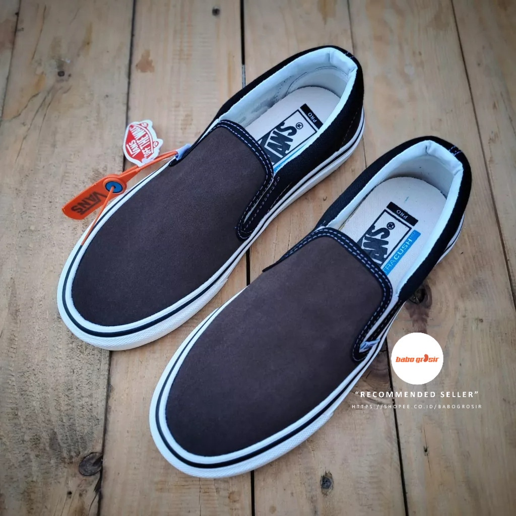 PROMO Sepatu Slip On Pria Wanita | Vans Slip On Suede Brown Black Premium Import Quality Include Box, Upper Kanvas, Waffle DT Anti Slip, Tag Made in China, Harga Termurah