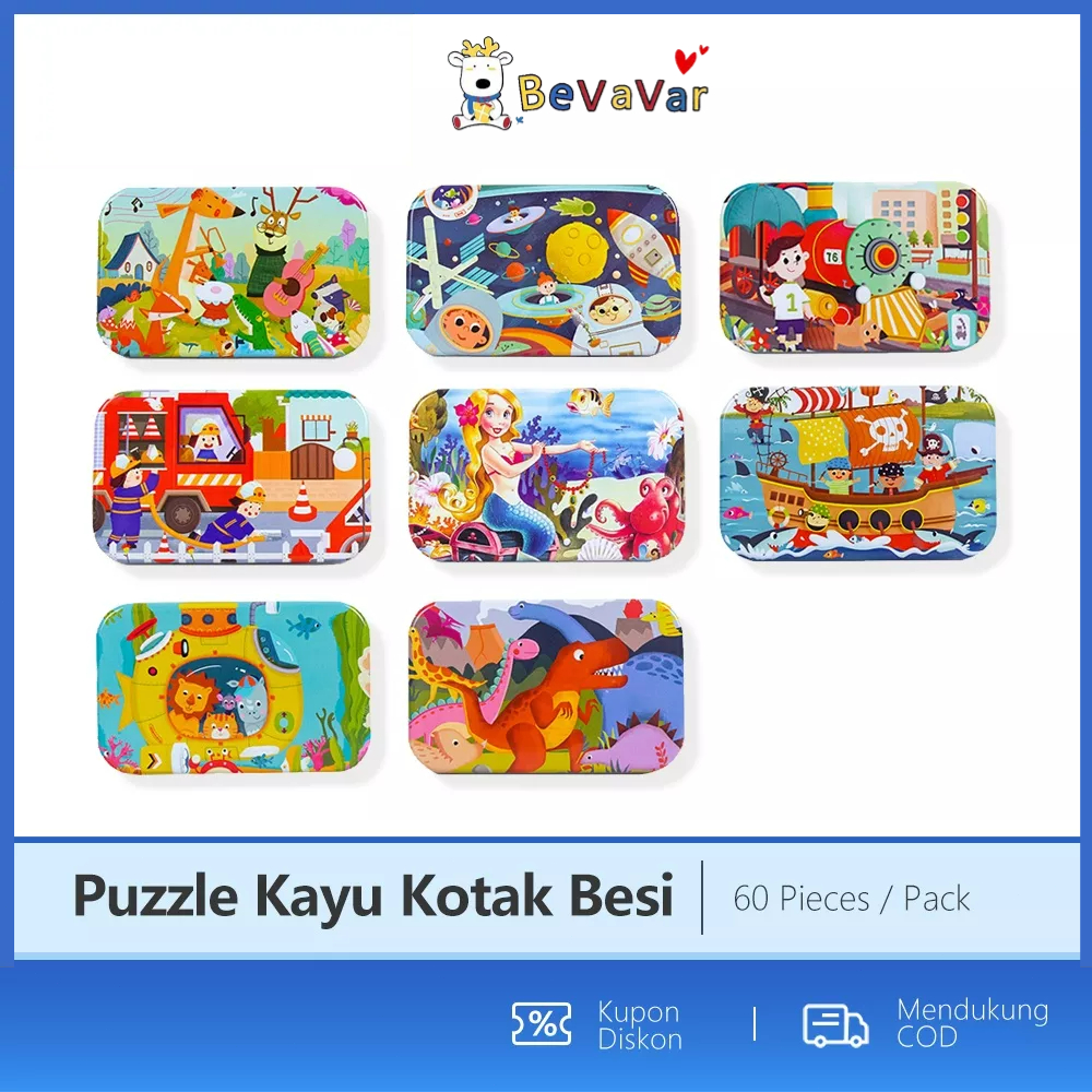BEVAVAR Jigsaw Puzzle Kayu 60 Pcs Puzzle Kayu Kotak Besi/Puzzle Kaleng 60Pcs