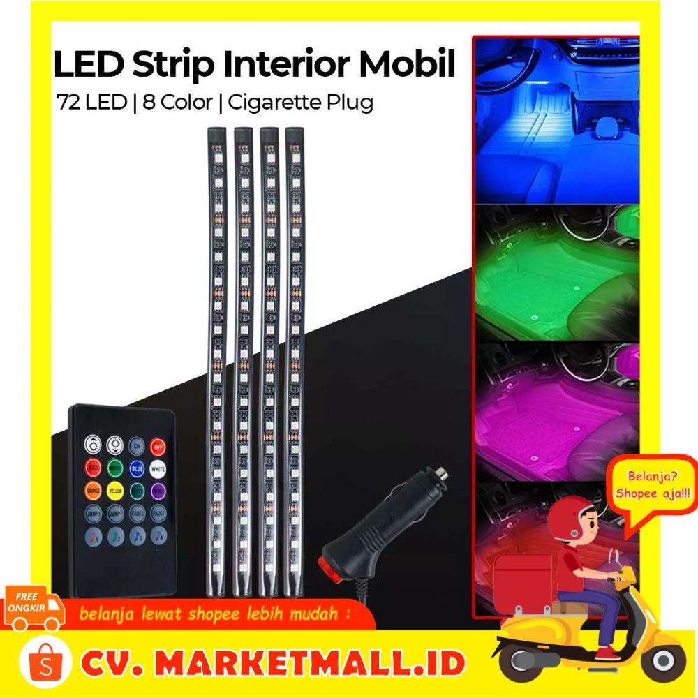 1Set Lampu Mobil LED Strip Flexible 5050 Interior Dekorasi Bawah Dashboard RGB Multicolor 12V Remot Kontrol Sensor Suara JIAMEN J47 - 7CLL47BK