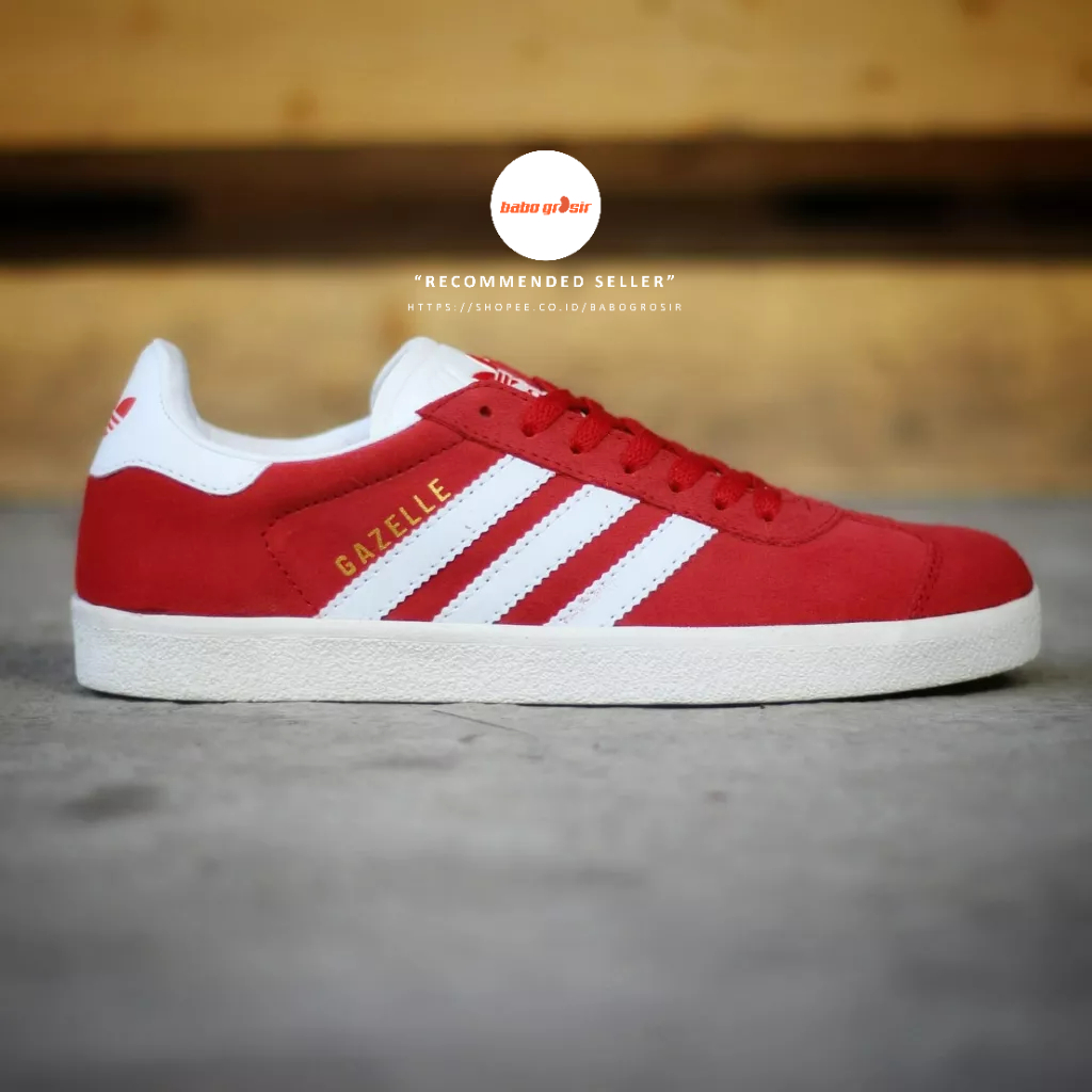 PROMO Sepatu Sneakers Murah | Adidas Gazelle Suede Leather Red White Premium TOP Quality, Bahan Kulit Suede, Harga Termurah