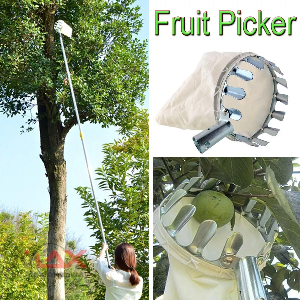 HOMYL keranjang galah pemetik buah Jaring Pemetik Buah besi metal Net Fruit Picker pohon tinggi petik buah Collection Head Metal Fruit Picker Orchard Gardening Apple Peach High Tree Picking Tool Fruit Catcher Collection Pouch Farm Garden Tools