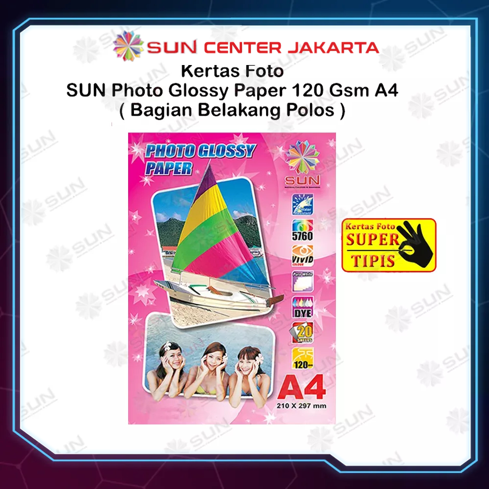 Kertas Foto Glossy A4 - SUN Photo Glossy Paper A4 265, 240, 210, 185, 120 GSM (Support epson/canon/hp/brother ori dye) - 664, 003, 673, 001