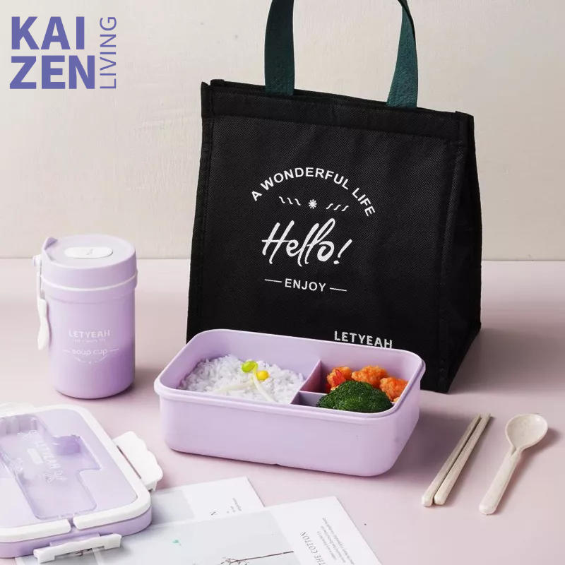 Letyeah &amp; Kaizenliving Kotak Bekal lunchbox tas set anti tumpah/Tempat Makan dan Mangkuk Sup free sendok