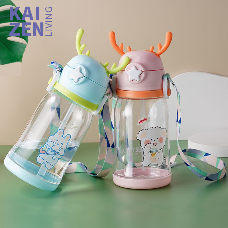 Letyeah &amp; Kaizenliving Botol minum anak 600ml bpa free / botol minum lucu sedotan dengan tali