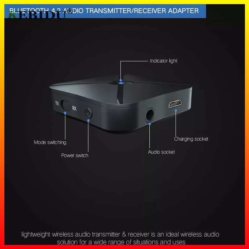 Audio Bluetooth Receiver Transmitter 2 IN 1 Dengan Baterai 5.0 AUX 3.5mm AUX Jack RCA Stereo Music Wireless Adapter For TV PC Car Speaker Kebidu KN319 - 7RSKDBBK