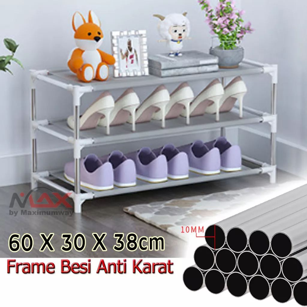 LEHUSHIO Rak Sepatu 3 Layer Frame Besi 60x30x38cm Organizer sepatu tempat sandal cantik minimalis modern bisa bongkar pasang Storage Shoe Rack Hallway Cabinet Organizer Holder 3 Layers Assemble Shoes Shelf DIY Home Furniture rumah cocok anak kost