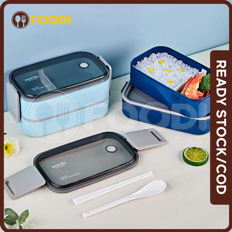 ecentio &amp; FOODI Double layer 800ml/1600ml 2/3 susun Anti Bocor/Kotak Bekal Makan Bento/Lunch Box tempat makanan Free sendok&amp;sumpit warna hijau/pink/puith/biru