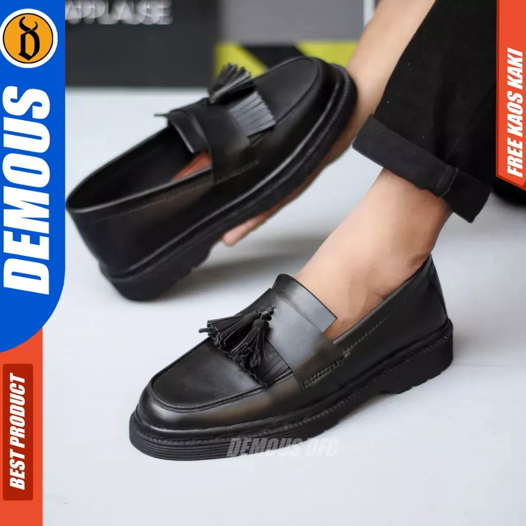 Demous Asuka - Sepatu Loafers Docmart Pantofel Full Black Pria