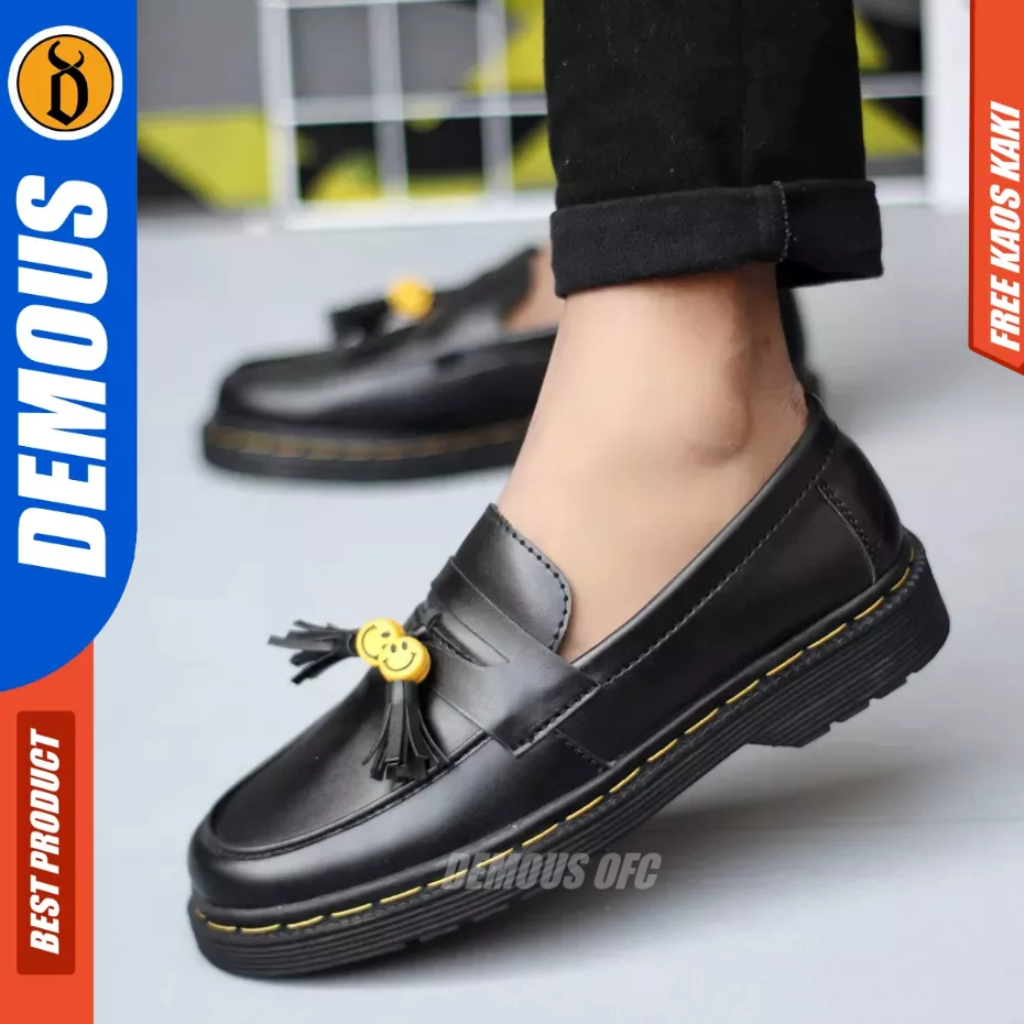 Demous Smile - Sepatu Penny Loafers Docmart Hitam Pantofel Kerja Pria