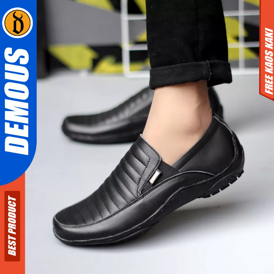 DEMOUS CORZA - Sepatu Loafers Kerja Kulit Asli Slip-on Hitam Pria