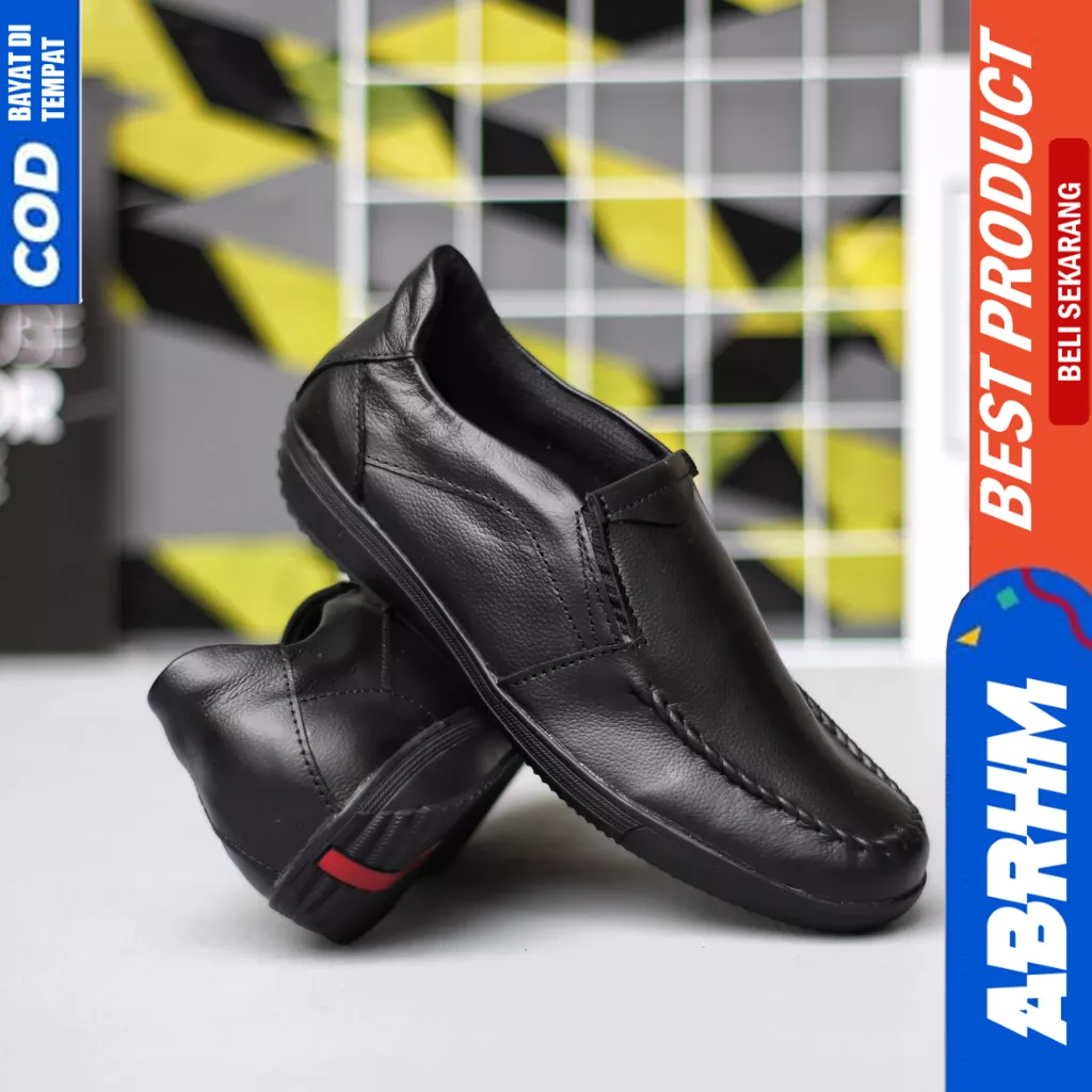 ABRHM Sepatu Casual Formal Slop Kulit Hitam Kerja Pria