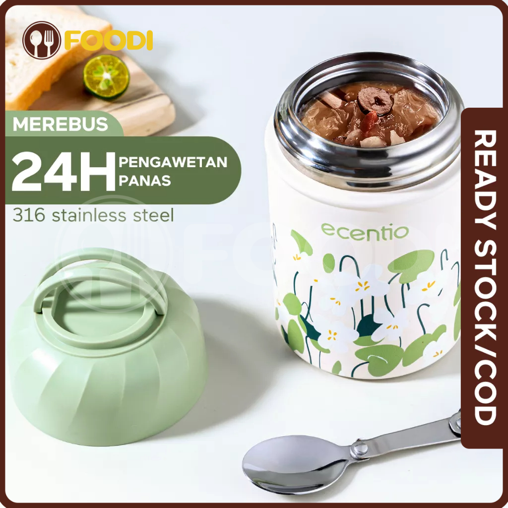 ecentio &amp; FOODI Termos Makanan food jar TAHAN 24hrs stainless 500ml termos air panas anti tumpah portable dan Sendok lipat berbahan stainless Green Wispers seri