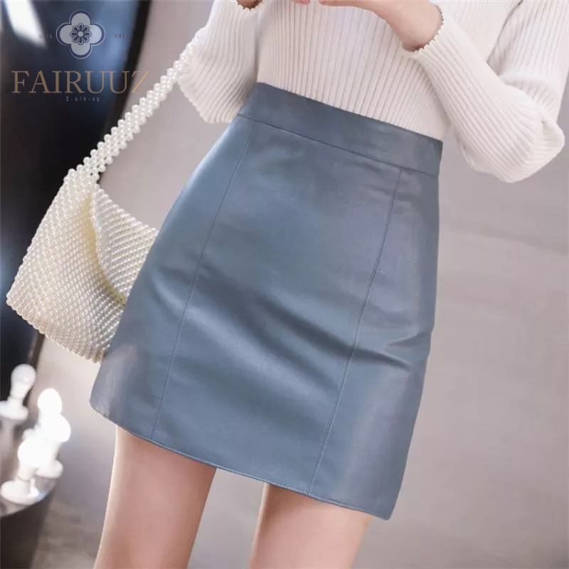 Rok Mini Klasik Kulit Mini Rok Wanita Tinggi Pinggang Fashion Kasual Kulit Imitasi A-Line Rok Bodyco