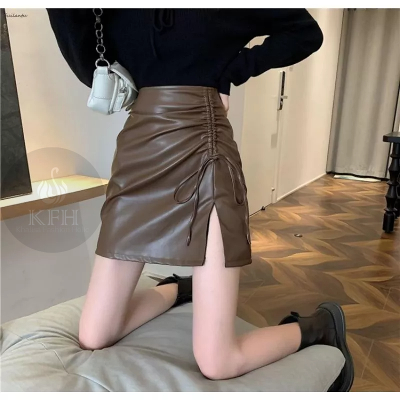 Rok Kulit Model Khalisa Fashion Holic Rok Mini Aline Split Belahan Paha Kiri Tali Serut Rok Serut Hi
