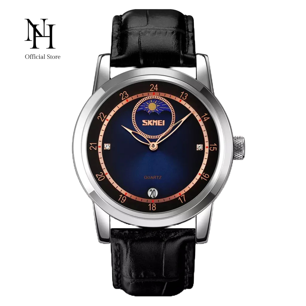 Jam Tangan Pria Analog Leather Strap Moon Phase Waterproof 30M - 9300