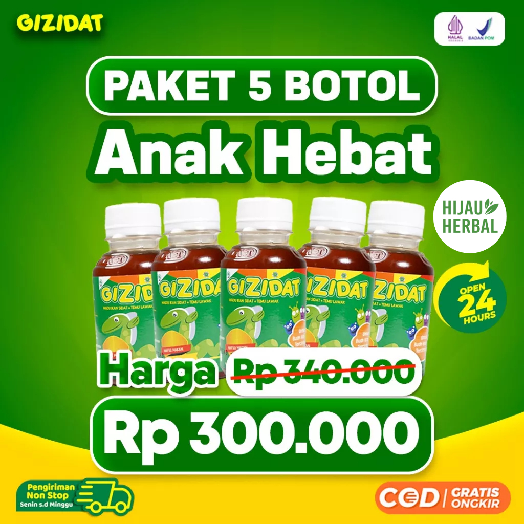 Paket Anak Hebat 5 Botol Gizidat Original [Bisa COD]  - Madu Gemuk Anak Sari Ikan Sidat Multivitamin Suplemen Penambah Nafsu Makan &amp; Berat Badan Bayi / Anak Enak Plus Probiotik Temulawak Aman Terpercaya