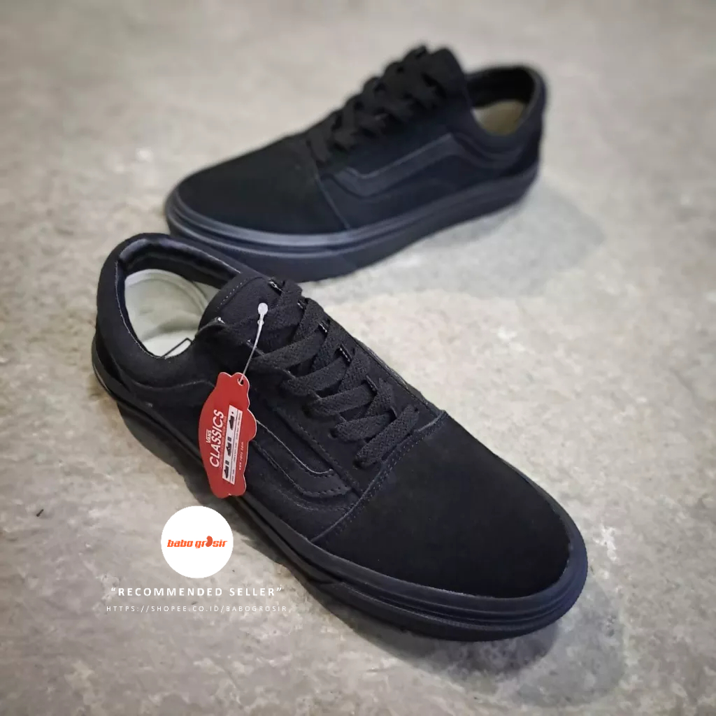 PROMO Sepatu Sneakers Vans Oldskool All Black Premium Tag Made in China, Upper Full Kanvas, Waffle DT Anti Slip