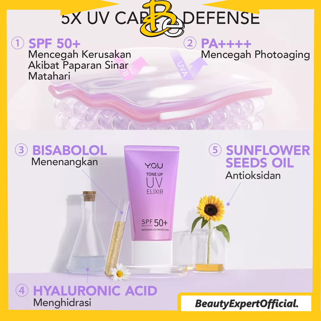 ⭐️ Beauty Expert ⭐️YOU Tone Up UV Elixir Hyaluronic Acid SPF 50+ PA++++ Sunscreen | Mencerahkan Menghidrasi Kulit