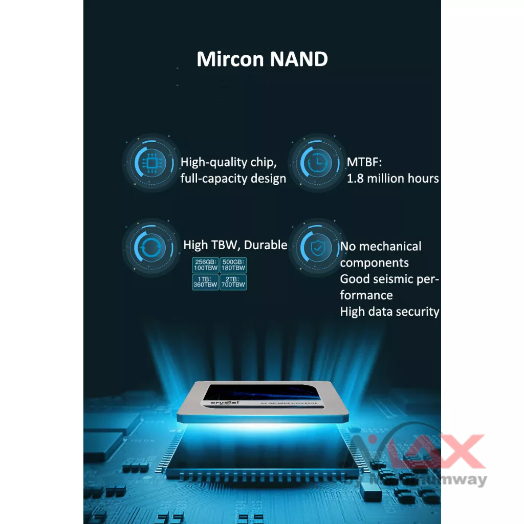 Crucial MX500 SSD SATA 1TB, 500GB, 250GB (Garansi 1 Tahun) High Speed 560 MB/s 2.5 Inch For Laptop &amp; PC Harddisk SSD hardisk SATA3, SATA2, SATA III, 1 TB, 500 GB, 250 GB, Garansi Resmi Distributor 1 tahun Merek terkenal kualitas Premium Intel dan AMD