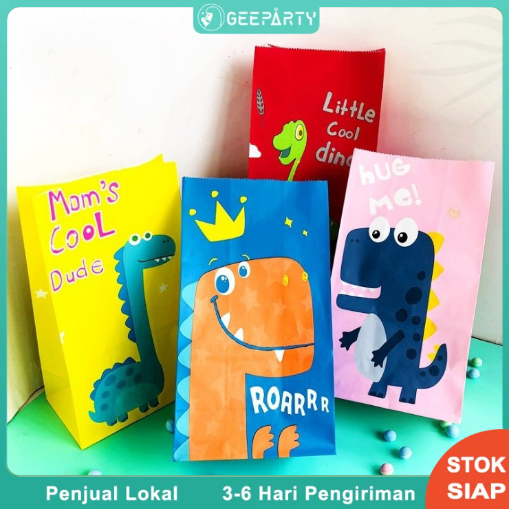 8 pcs Tas Hadiah Kraft Bertema Dinosaurus untuk Dekorasi Pesta Ulang Tahun