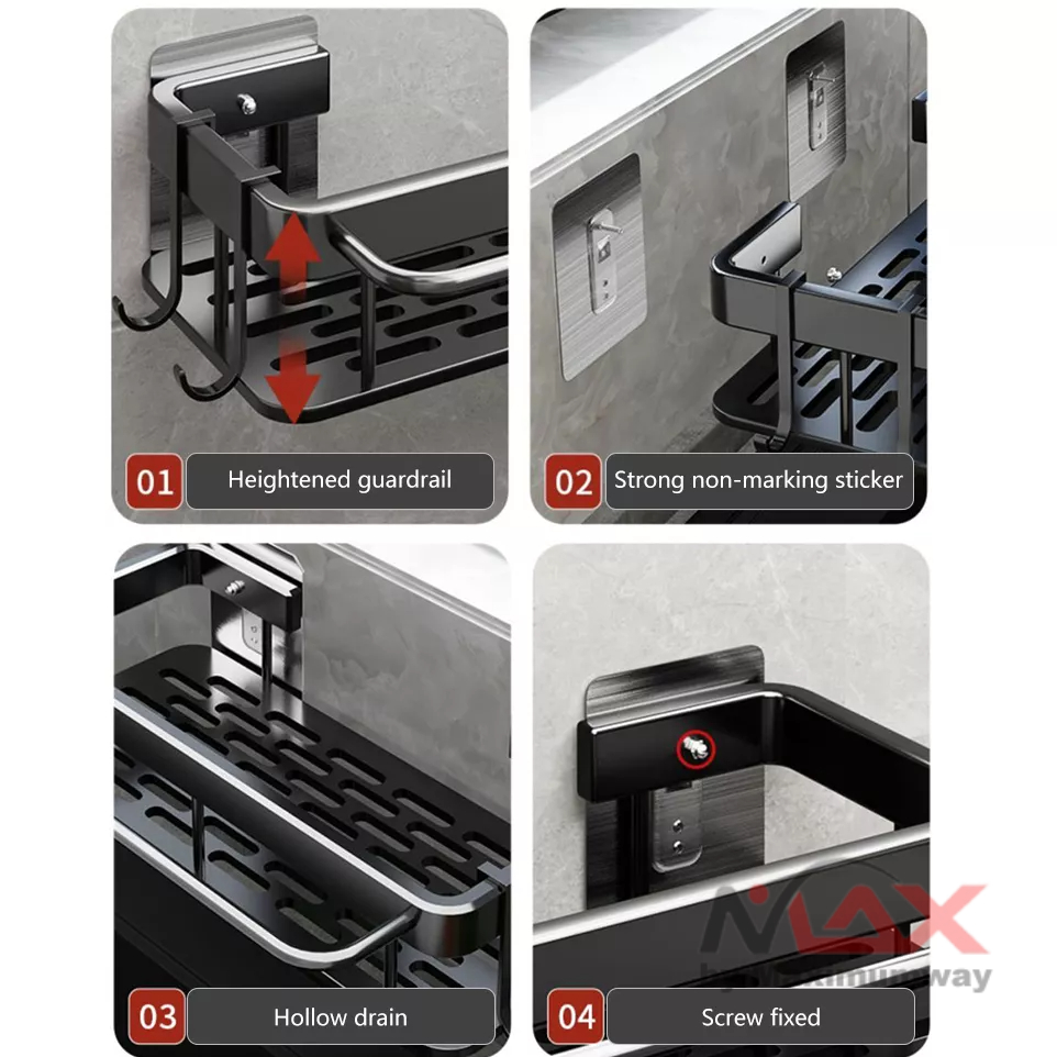 YJ01 Rak Dapur Cucian piring tempat sabun dan serbet Aluminium Organizer Wastafel dengan cantelan serbet dan peralatan dapur bahan kuat anti karat Kitchen Hanging Storage Rack Shelf Towel Sponge Drain Organizer Alumimum Sink Drain Rack Basket metal besi