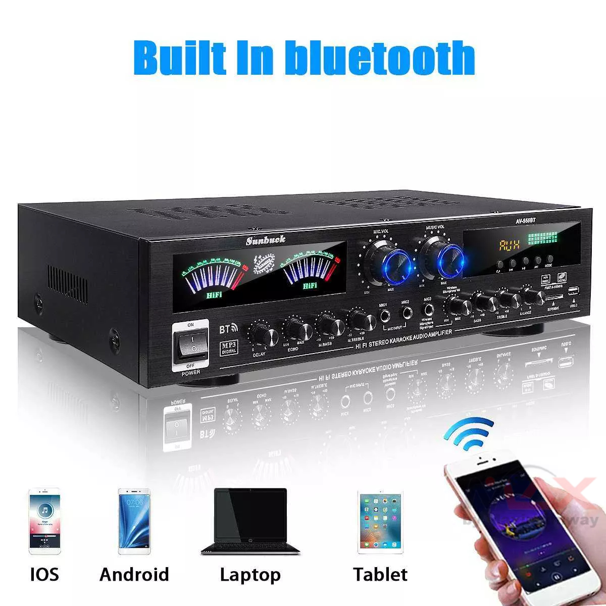 Sunbuck AV-555BT Ampli 4000W 5CH Bluetooth 5.0 Home Theater Amplifiers Audio FM USB SD 3Mic With Remote Bass Audio Power bluetooth Digital Amplifier Hifi Proffesional karaoke cafe dangdut &amp; stage Subwoofer Speakers 220V &amp; 12V for mobile HIFI system