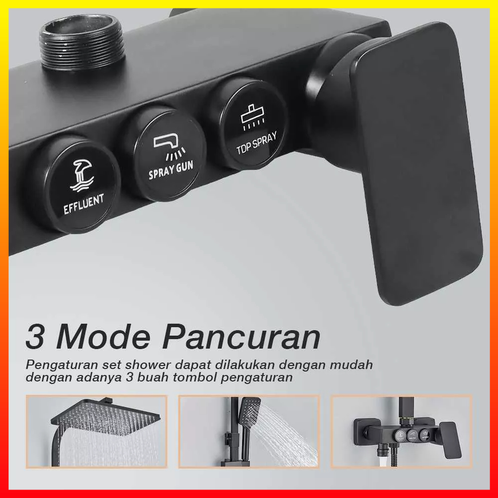 Set Kepala Pancuran Shower Kamar Mandi 3 Mode Kepala Pancuran Panas dan Dingin 3 Tombol Besi Tahan Karat Hitam SAFLIHCAR 3HC - 7RHK0GBK