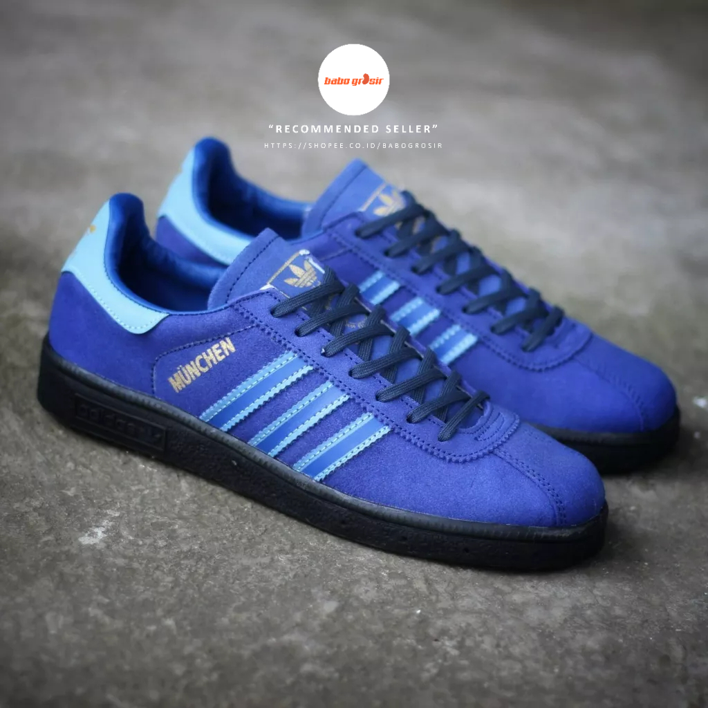 PROMO Sepatu Sneakers Adidas Munchen Navy Light Blue Sol Black Premium TOP Quality Include Box, Bahan Kulit Suede ASLI, Harga Termurah