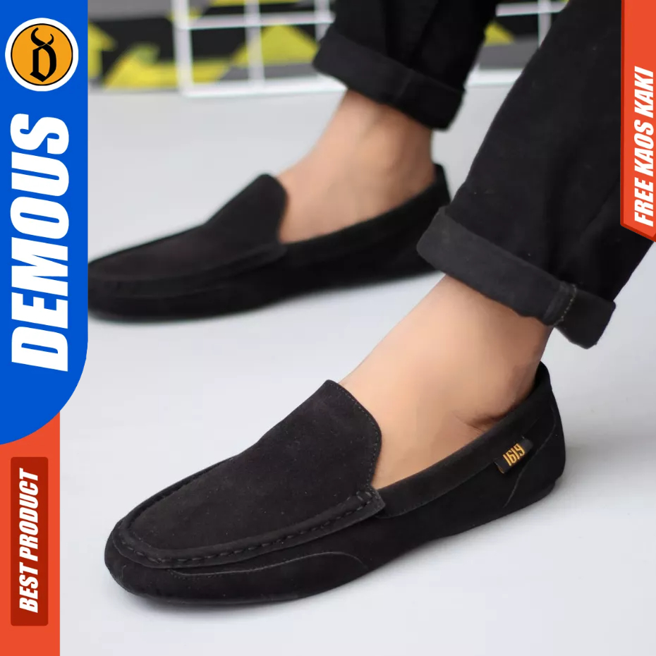 DEMOUS Modmaz - Sepatu Slip-on Casual Hitam Kulit Suede Kerja Pria