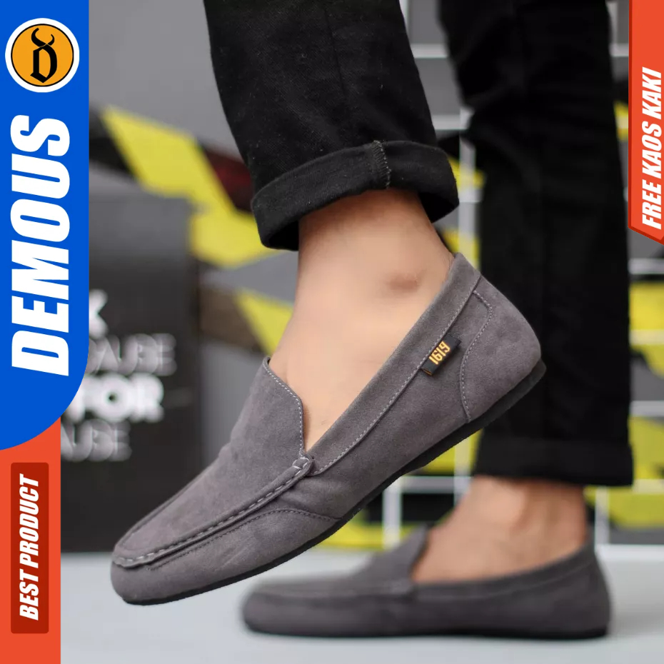 DEMOUS Modmaz - Sepatu Slip-on Casual Hitam Kulit Suede Kerja Pria