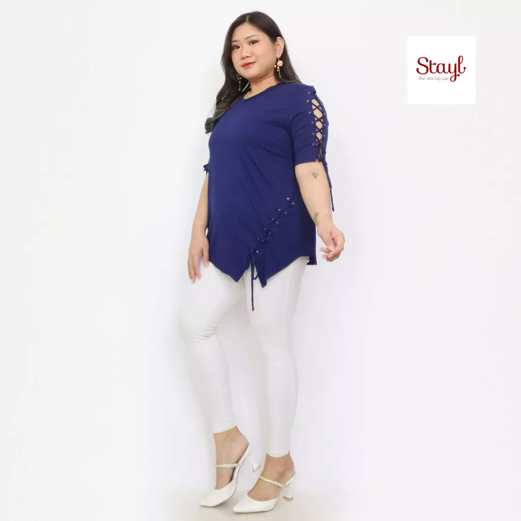 STAYL Kaos Wanita Big Size Summer T Shirt LD 120 130 Atasan Blouse Adem Simple Jumbo Rayon Spandex Lengan Pendek Model Vneck Variasi Eyelet Dan Tali Terbaru