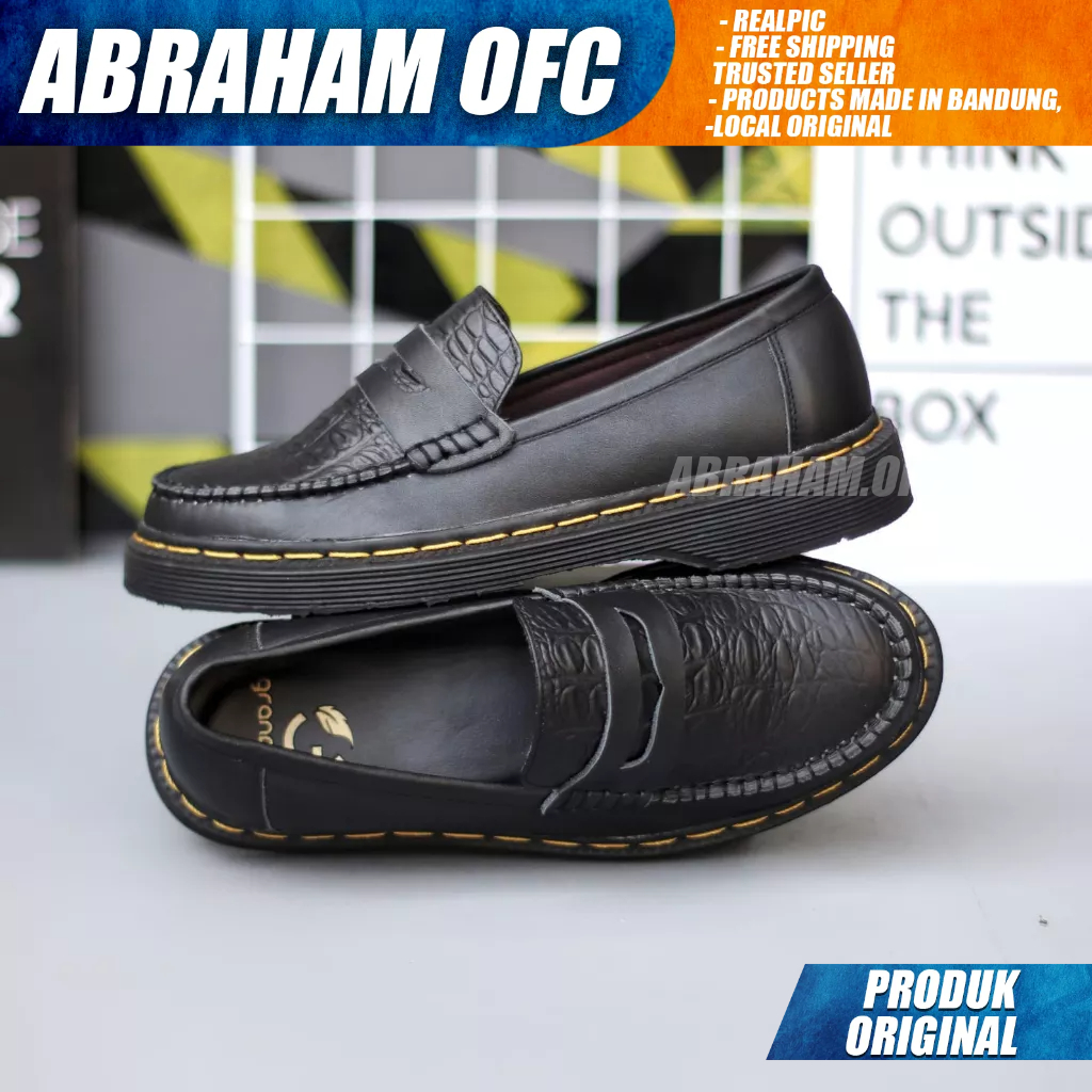 ABRAHAM Sepatu Docmart Loafers Kulit Asli Formal Pantofel Hitam Kerja Pria