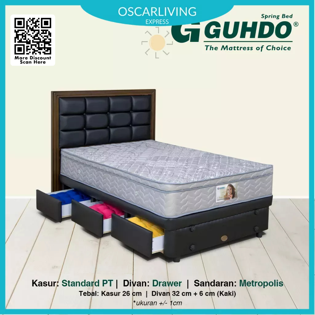 Guhdo Springbed / Kasur Standard Plushtop Tebal 26 Cm Abu Divan Drawer Set Metropolis Hitam Fullset 