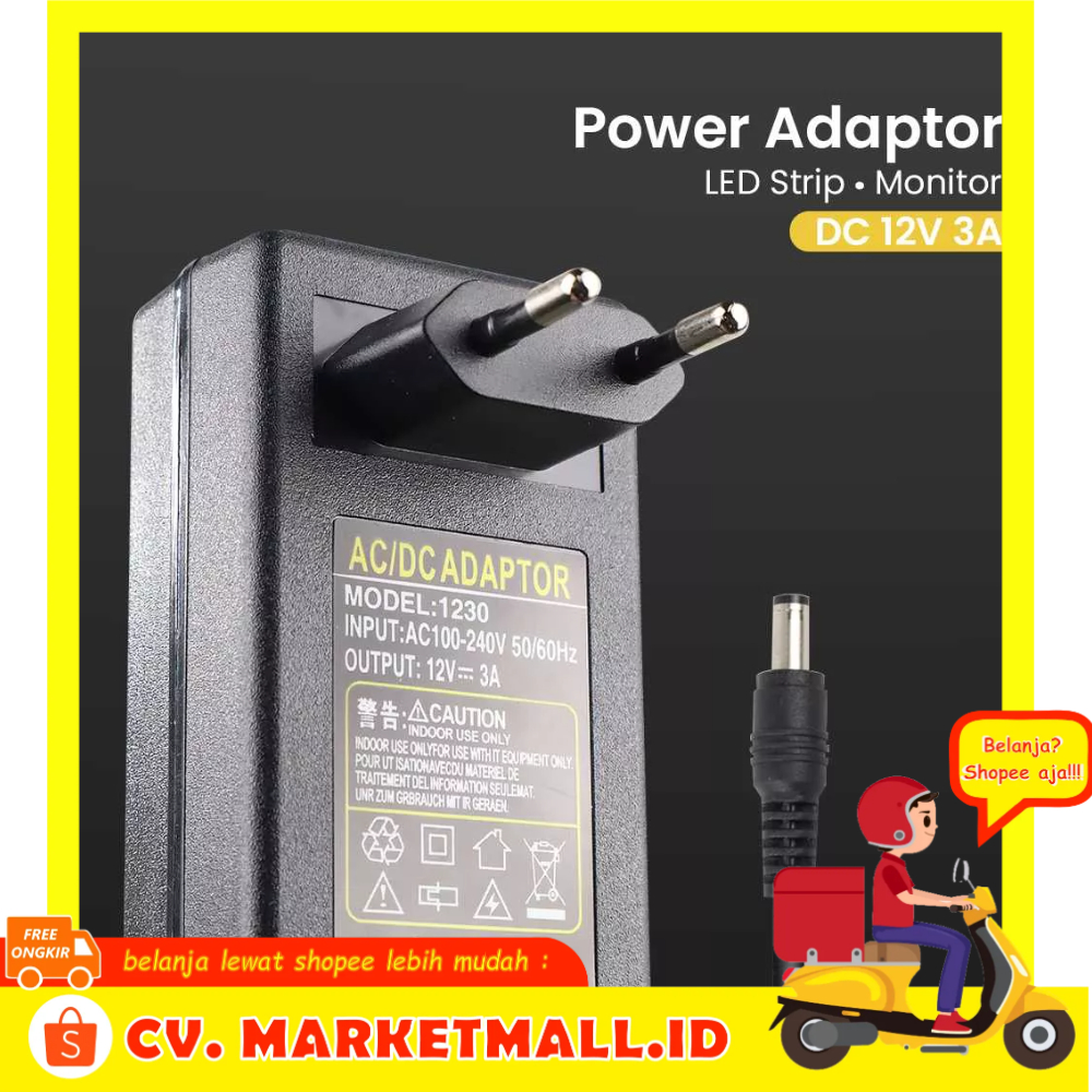 Power Adaptor AC/DC 12V 3A Charger Untuk LED Strip Kamera Keamanan CCTV LCD Monitor Display VBS 1230 - 7RAD0RBK