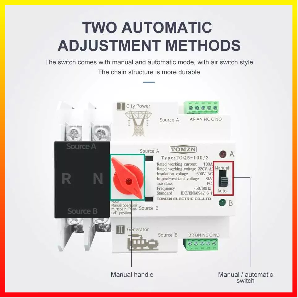 Sakelar Transfer Otomatis Daya Ganda Din Rail Generator Sakelar Pemindah Otomatis ATS 4P 100A TOMZN CHQ4-125/4P - 7CHXCZWH