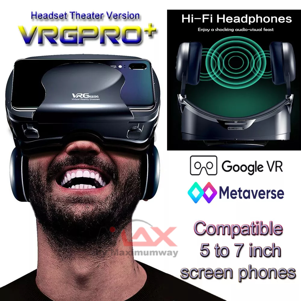 VRGPRO Kacamata Virtual Reality 3D VR plus Headphone kualitas HIFI untuk video 3D game 3D Metaverse Google VR kompatible untuk android dan iphone volume layar HP 5, 6 dan 7 inch Virtual Reality VR Glasses 3D Google Cardboard Box Headset Helmet