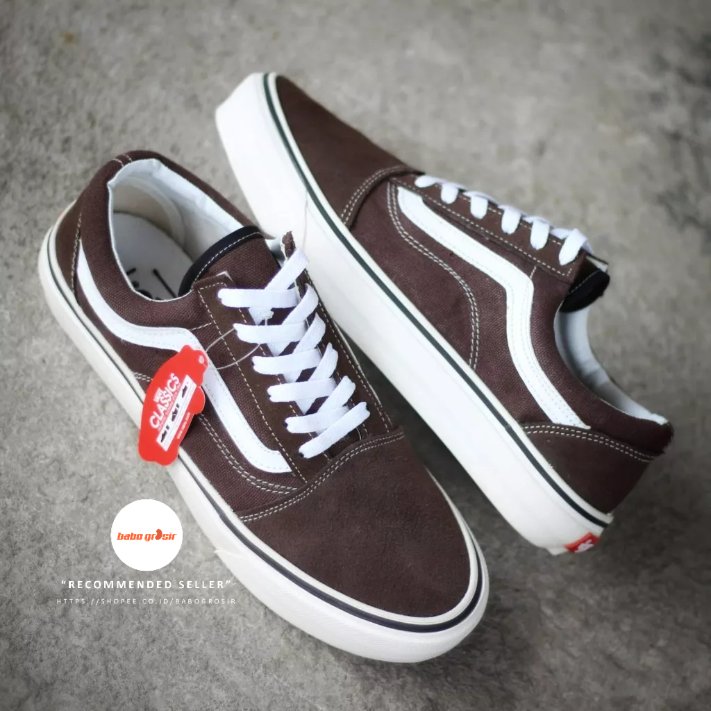 Sepatu Sneakers Vans Oldskool Classic Rain Drum &amp; True White Skate Shoes (Brown) Premium Quality. Upper Suede Leather, Waffle DT Rubber Anti Slip, Tag Made in China