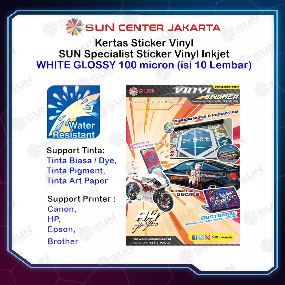 Sticker Vinyl Inkjet Anti Air A4 - Kertas SUN Sticker Vinyl Inkjet Matte/ Glossy / Semi Transparant / Hologram / Gold / Silver A4 Waterproof Anti Air isi 10 lembar epson/canon/hp ori/dye/pigment/art paper ink - 664, 003, 673, 790, 810, BT5000, GT51 52