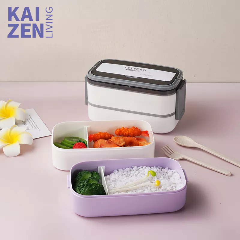 Letyeah &amp; Kaizenliving Kotak Tempat Bekal Makan Di Microwave Dengan 3 Sekat Dan Sendok Garpu Bento Box Ungu