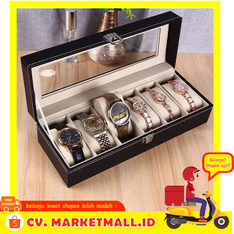 Kotak Penyimpanan Organizer untuk Jam Tangan Perhiasan Kulit PU 6 Grid NieNie NIE6 - 7CWS03KY